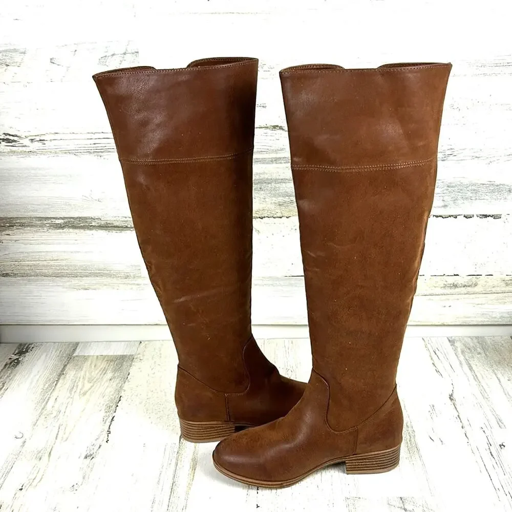 MIA Womens 5 Brown Faux Leather Over the Knee Boots Zip Heel Boho NEW